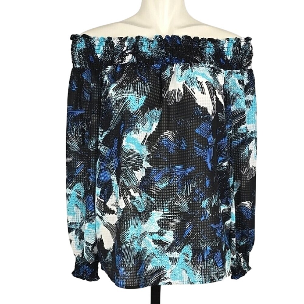 Michael Kors Women's Long Sleeve Off-Shoulder Blouse Blue Black Semi Sheer Sz S